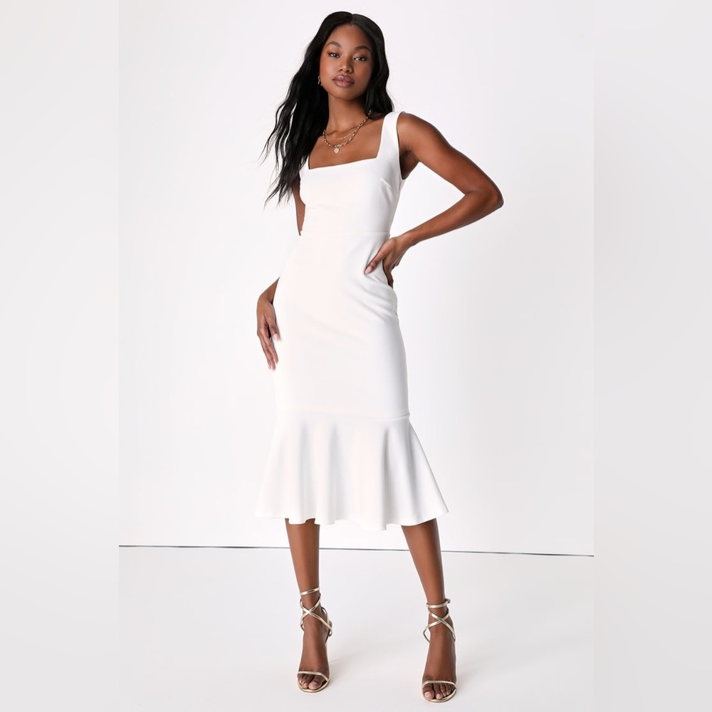 Lulus-Moment Maker White Square Neck Trumpet Midi Dress